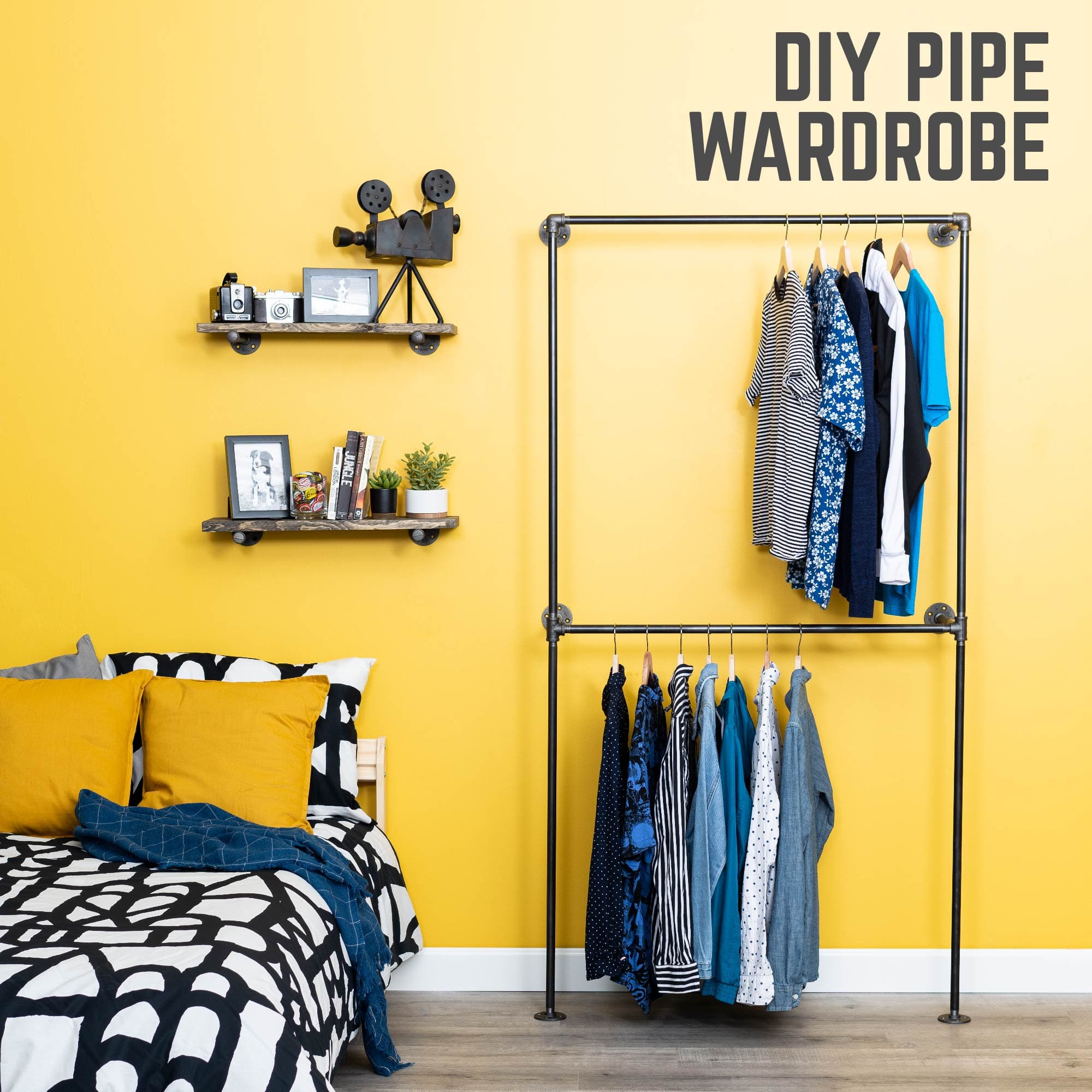 PIPE DECOR Industrial Steel Wall Mounted Double Hung Clothing Rack