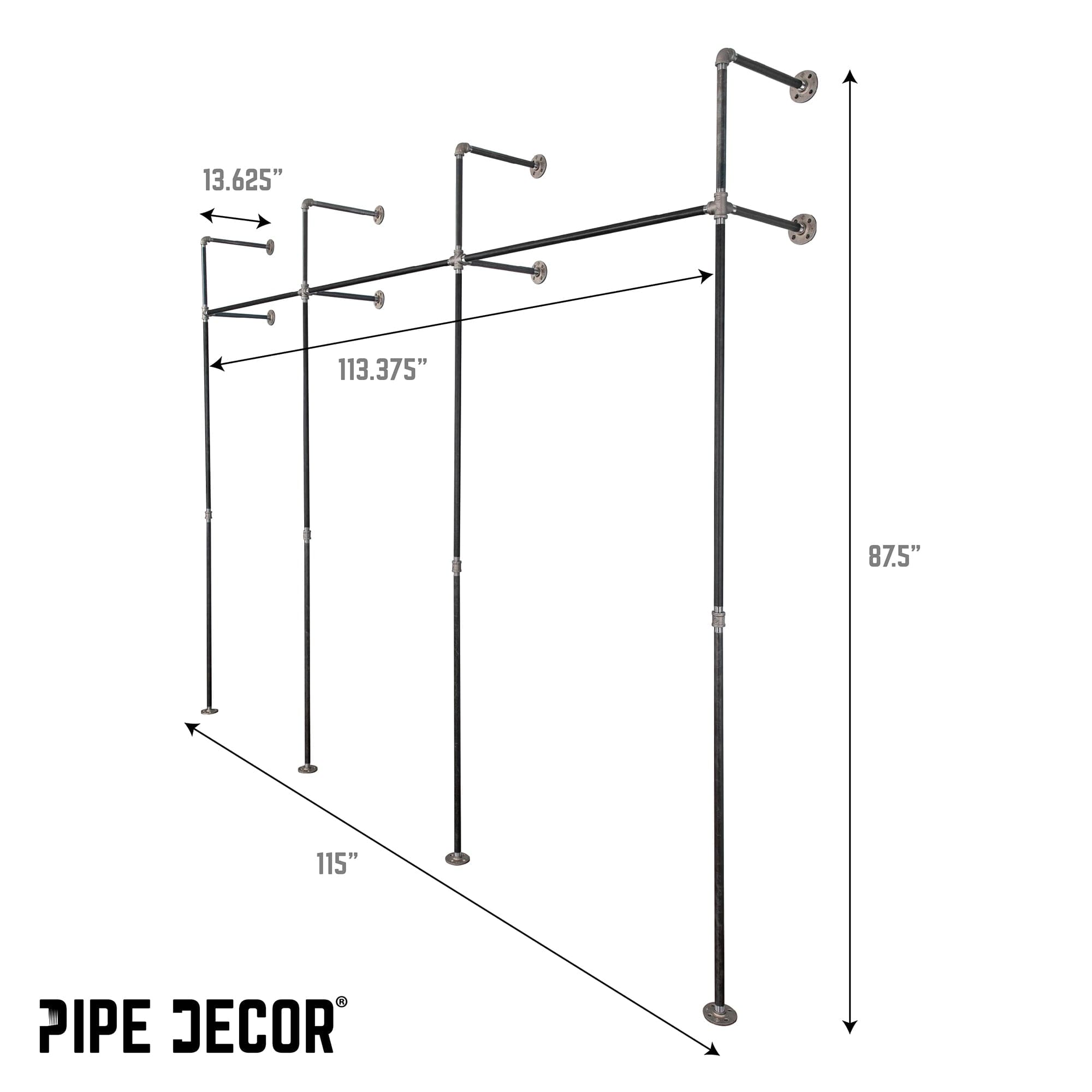 PIPE DECOR 115 in. Triple Wall Mounted Clothing Rack