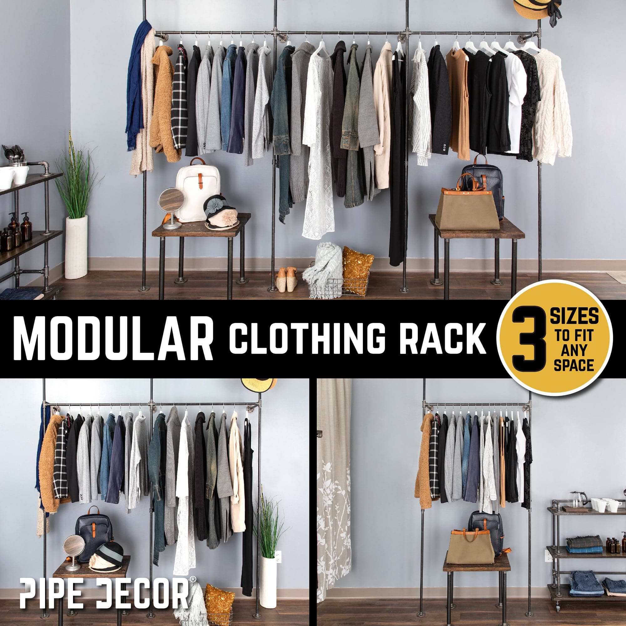 PIPE DECOR 115 in. Triple Wall Mounted Clothing Rack