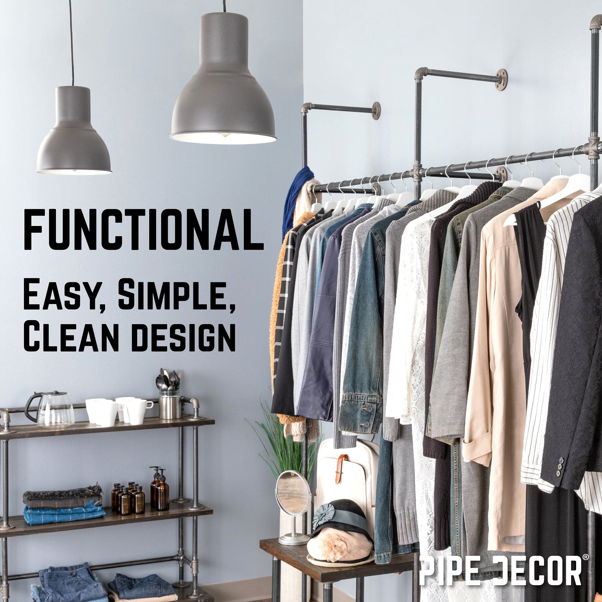 PIPE DECOR 115 in. Triple Wall Mounted Clothing Rack