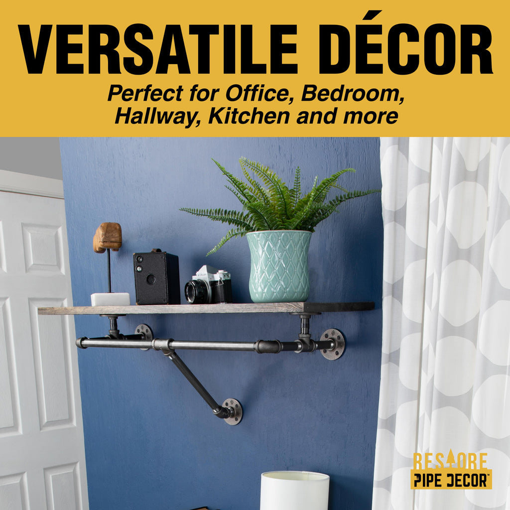 PIPE DECOR 24 in. Boulder Black Wall Mounted Clothing Rack with Wood Shelf