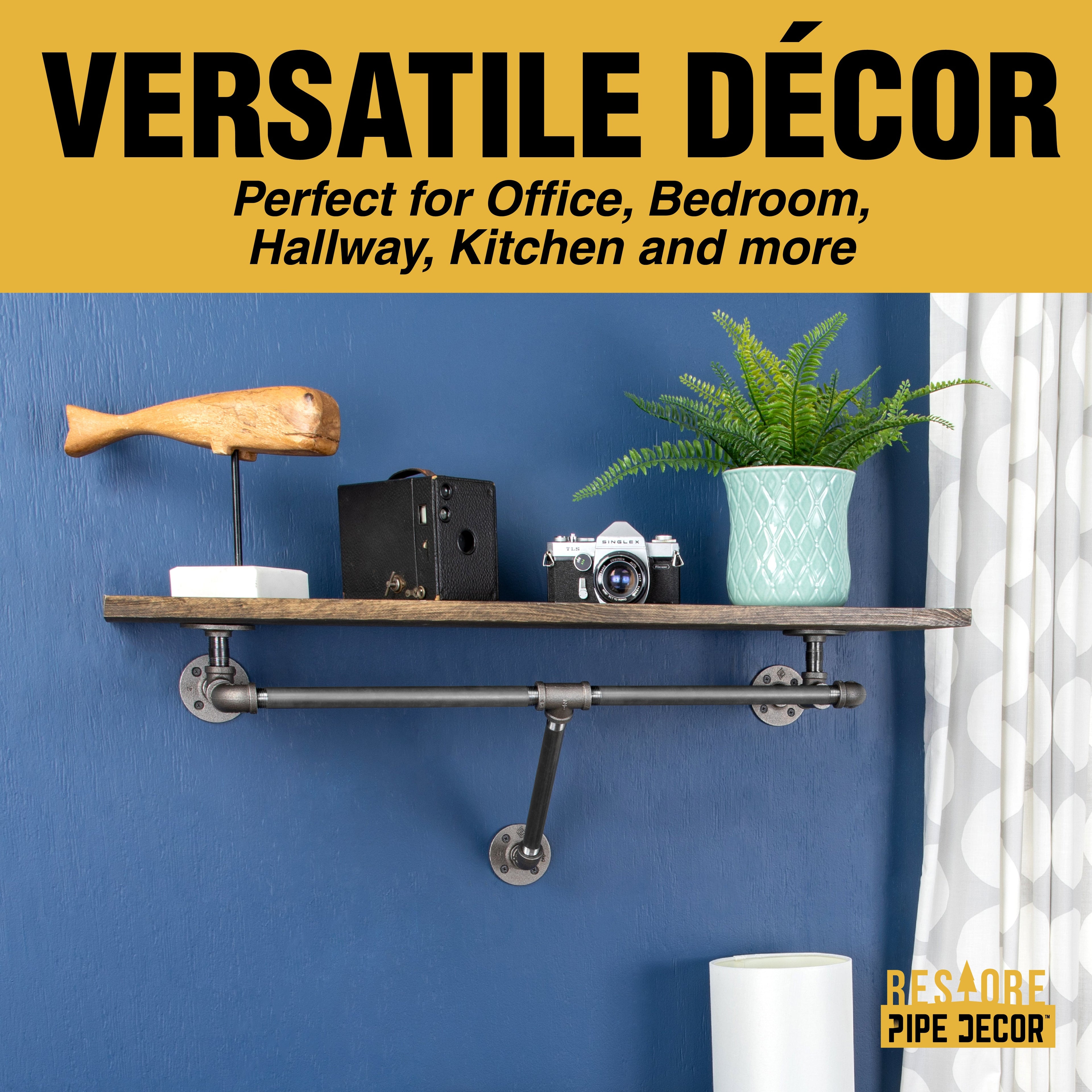 PIPE DECOR 36 in. Trail Brown Wall Mounted Clothing Rack with Wood Shelf