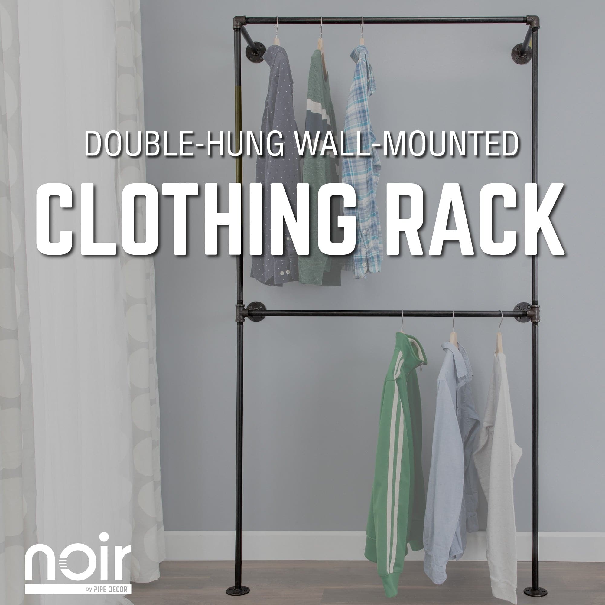 PIPE DECOR Noir Matte Black Wall Mounted Double Hung Clothing Rack