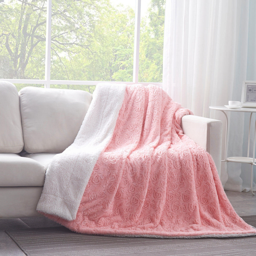 DaDa Bedding Rose Buds Blushing Pink Faux Fur Sherpa Throw Blanket