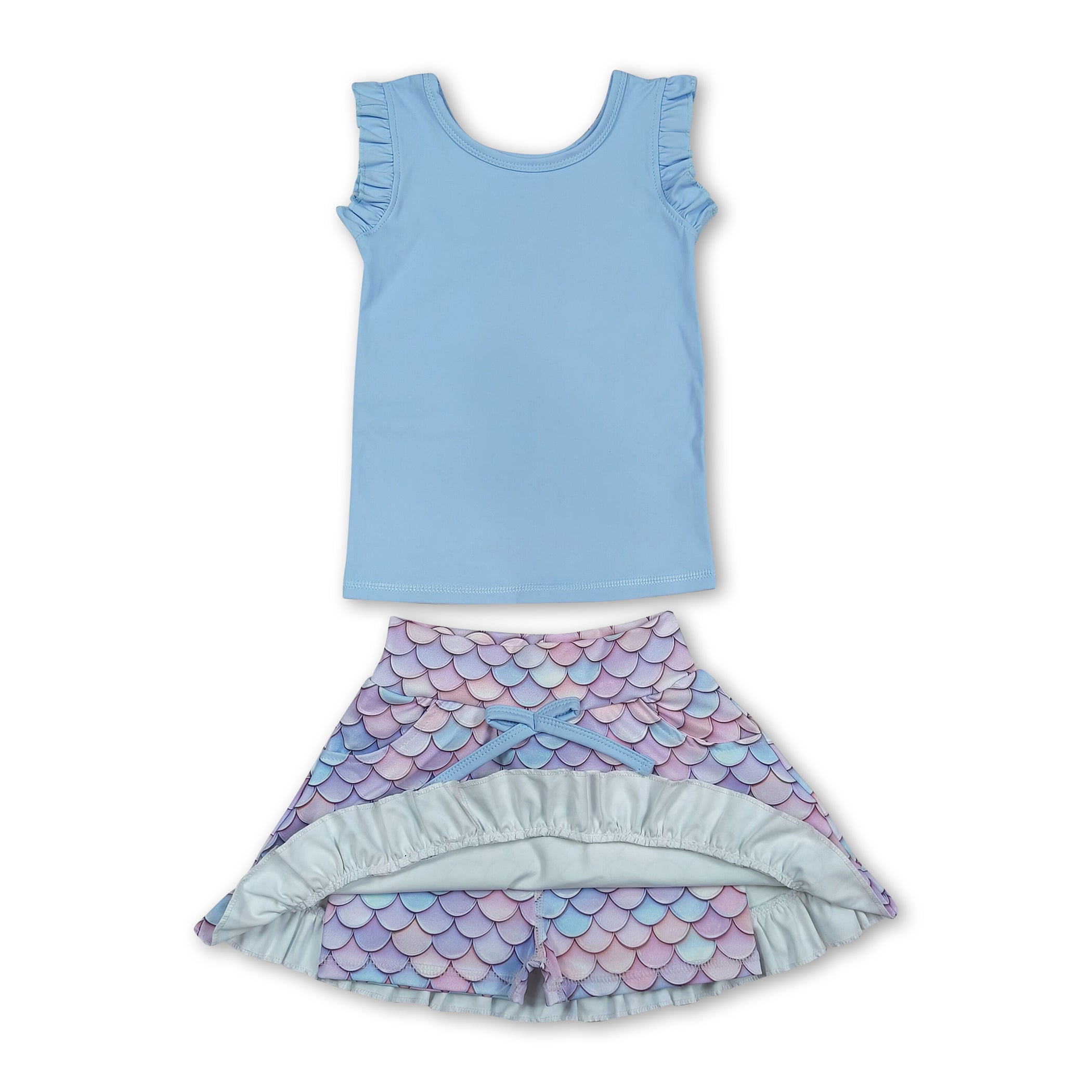 Girls Mermaid Scale Skirt Activewear Set – Sleeveless Light Blue Top & Skirt