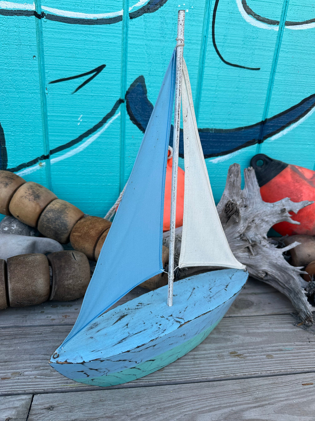 Blue & White Wooden Sailboat