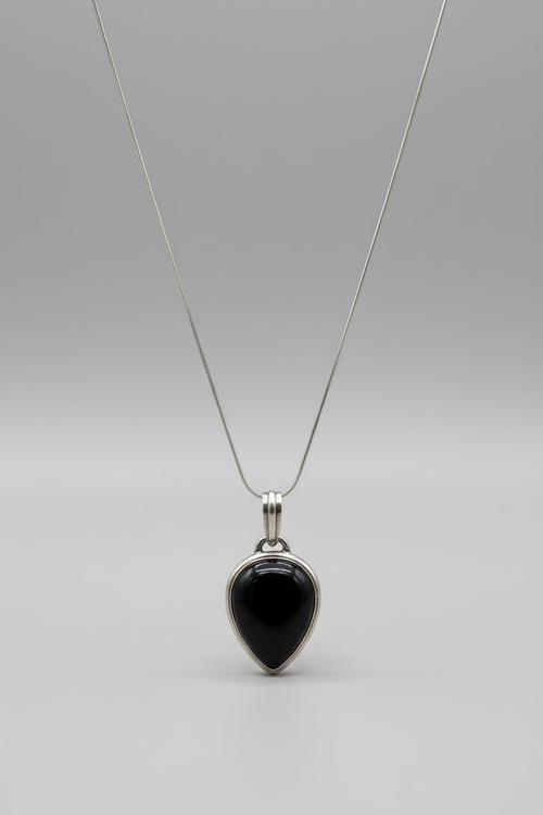Black Onyx Teardrop Pendant – Genuine Gemstone | Silver-Tone Setting | Statement Jewelry