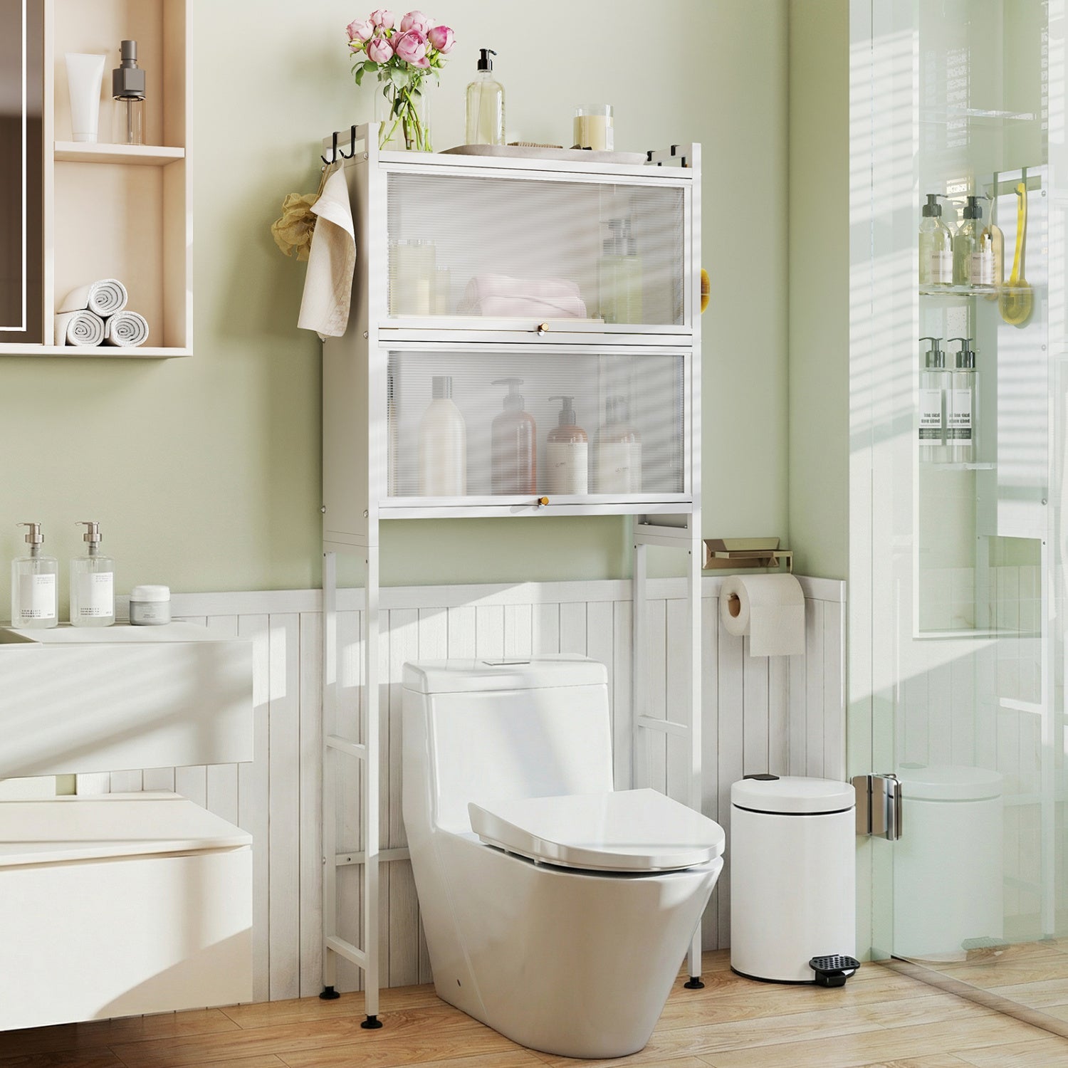 Over-the-Toilet Cabinet Organizer — 2 Flip-Up Cabinets & 4 Hooks