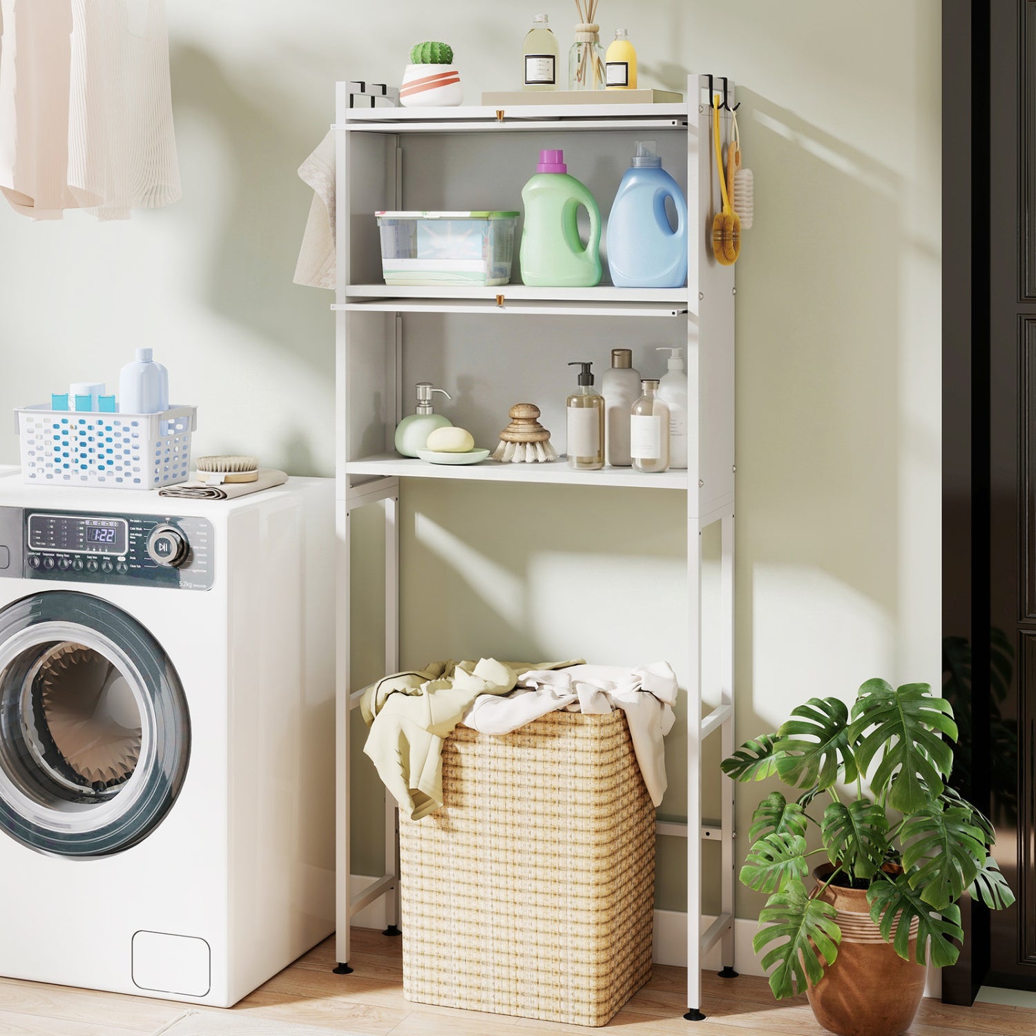 Over-the-Toilet Cabinet Organizer — 2 Flip-Up Cabinets & 4 Hooks