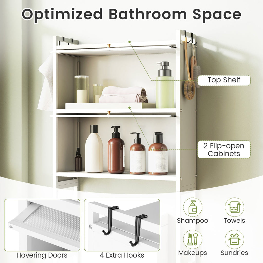 Over-the-Toilet Cabinet Organizer — 2 Flip-Up Cabinets & 4 Hooks