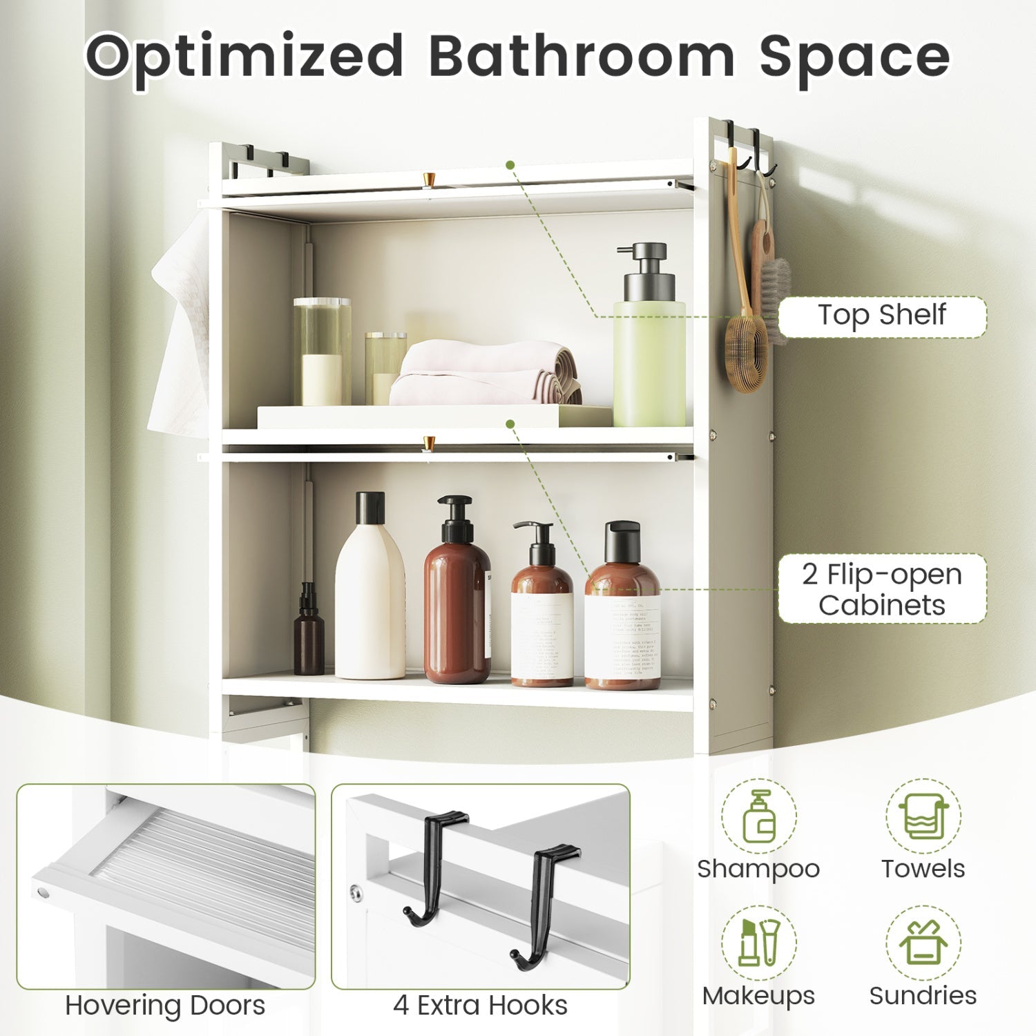 Over-the-Toilet Cabinet Organizer — 2 Flip-Up Cabinets & 4 Hooks