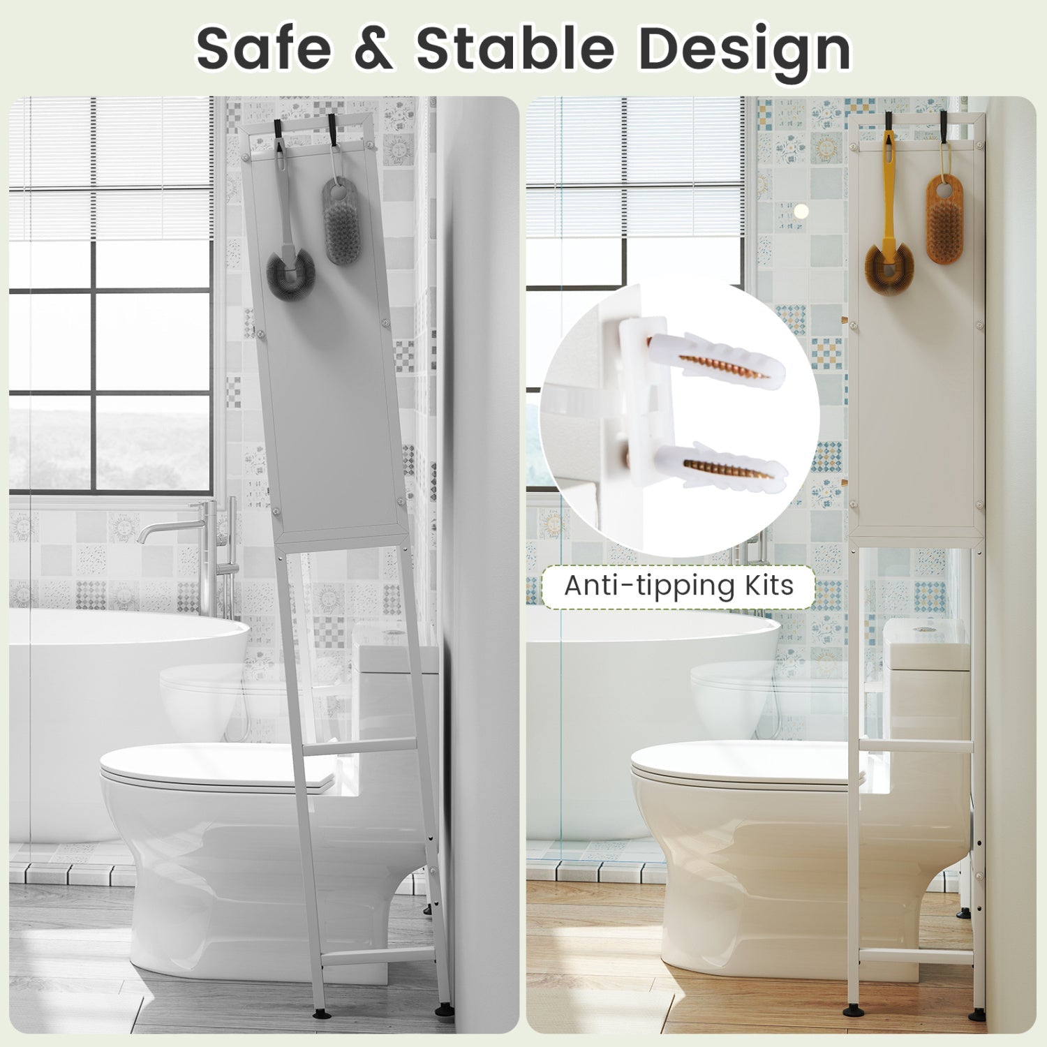 Over-the-Toilet Cabinet Organizer — 2 Flip-Up Cabinets & 4 Hooks