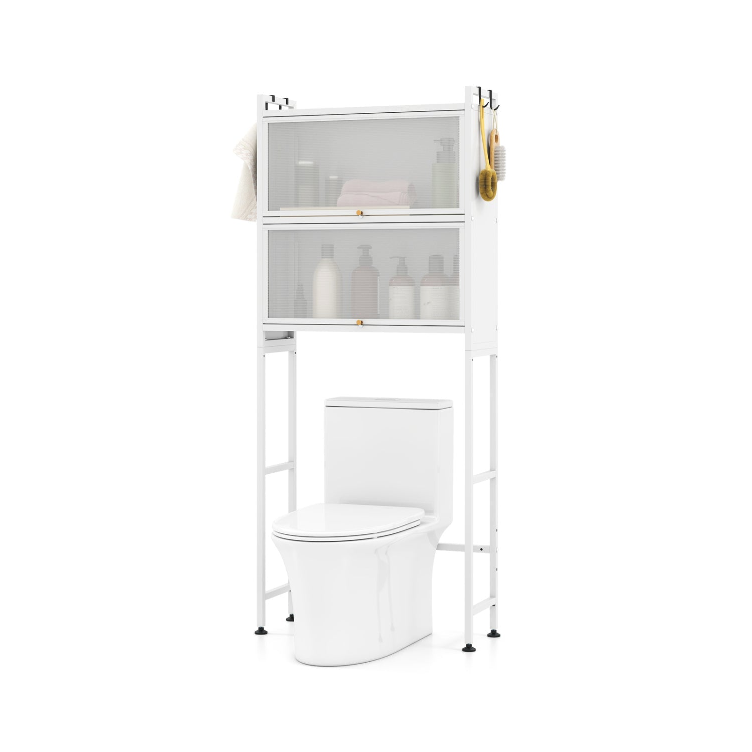 Over-the-Toilet Cabinet Organizer — 2 Flip-Up Cabinets & 4 Hooks