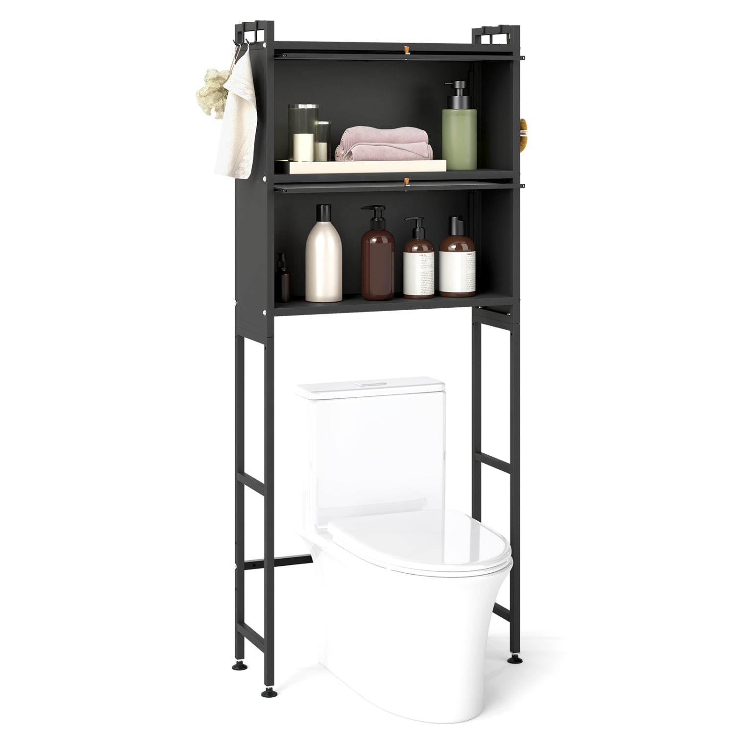 Over-the-Toilet Cabinet Organizer — 2 Flip-Up Cabinets & 4 Hooks