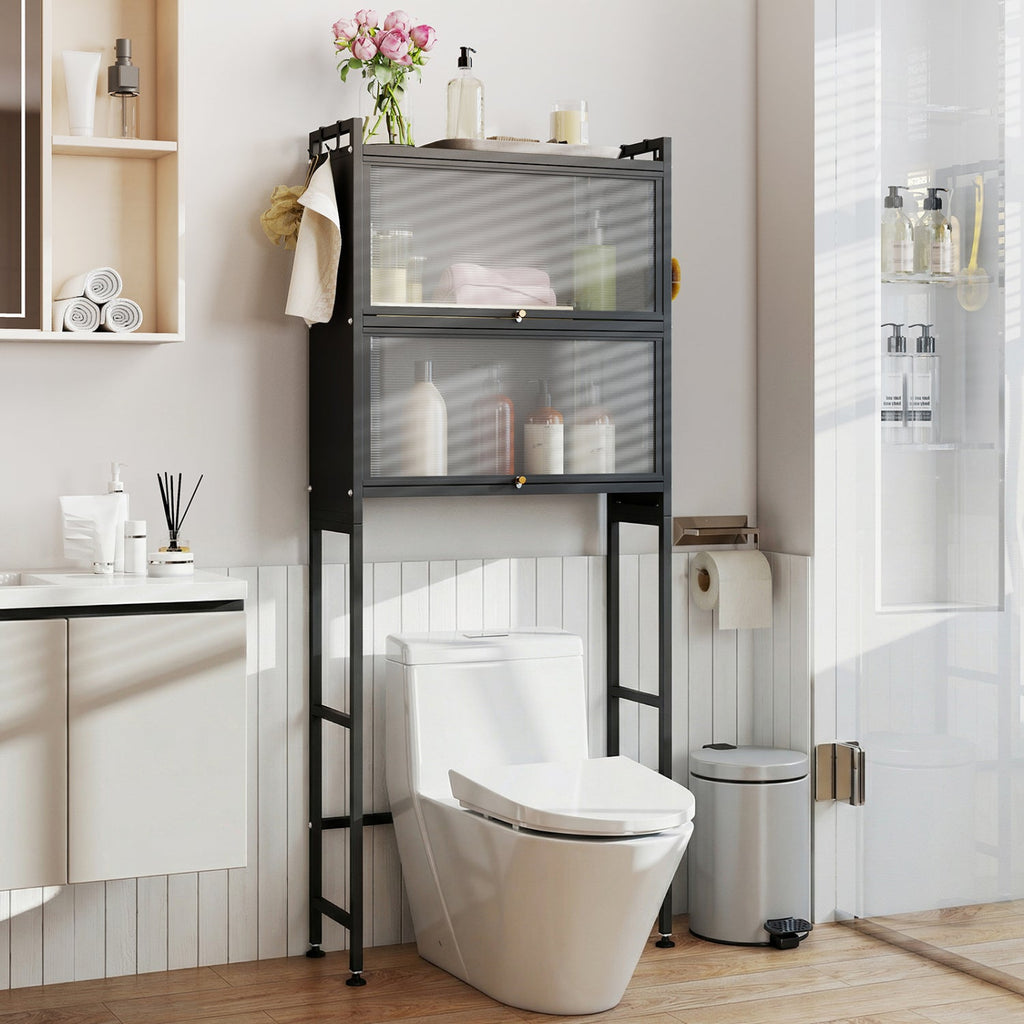 Over-the-Toilet Cabinet Organizer — 2 Flip-Up Cabinets & 4 Hooks