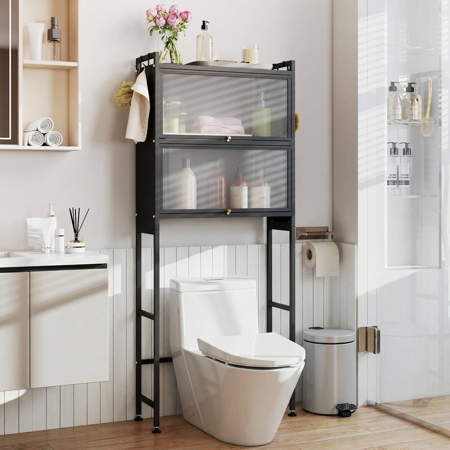 Over-the-Toilet Cabinet Organizer — 2 Flip-Up Cabinets & 4 Hooks