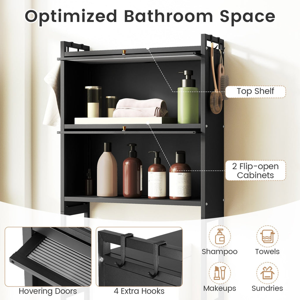 Over-the-Toilet Cabinet Organizer — 2 Flip-Up Cabinets & 4 Hooks