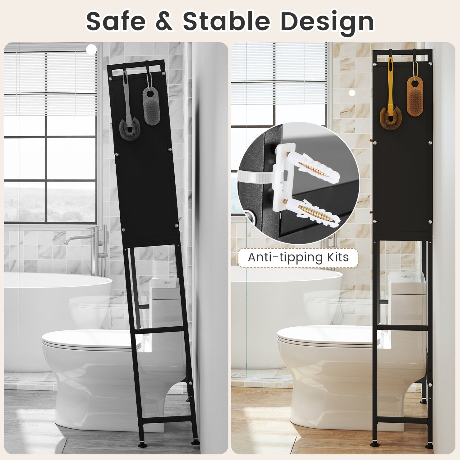 Over-the-Toilet Cabinet Organizer — 2 Flip-Up Cabinets & 4 Hooks