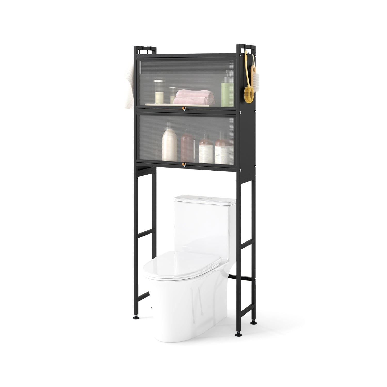 Over-the-Toilet Cabinet Organizer — 2 Flip-Up Cabinets & 4 Hooks