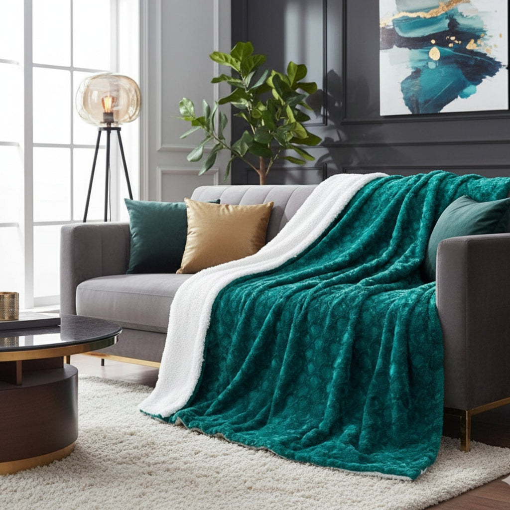 DaDa Bedding Mermaid Scale Emerald Green & Teal Faux Fur Sherpa Throw Blanket