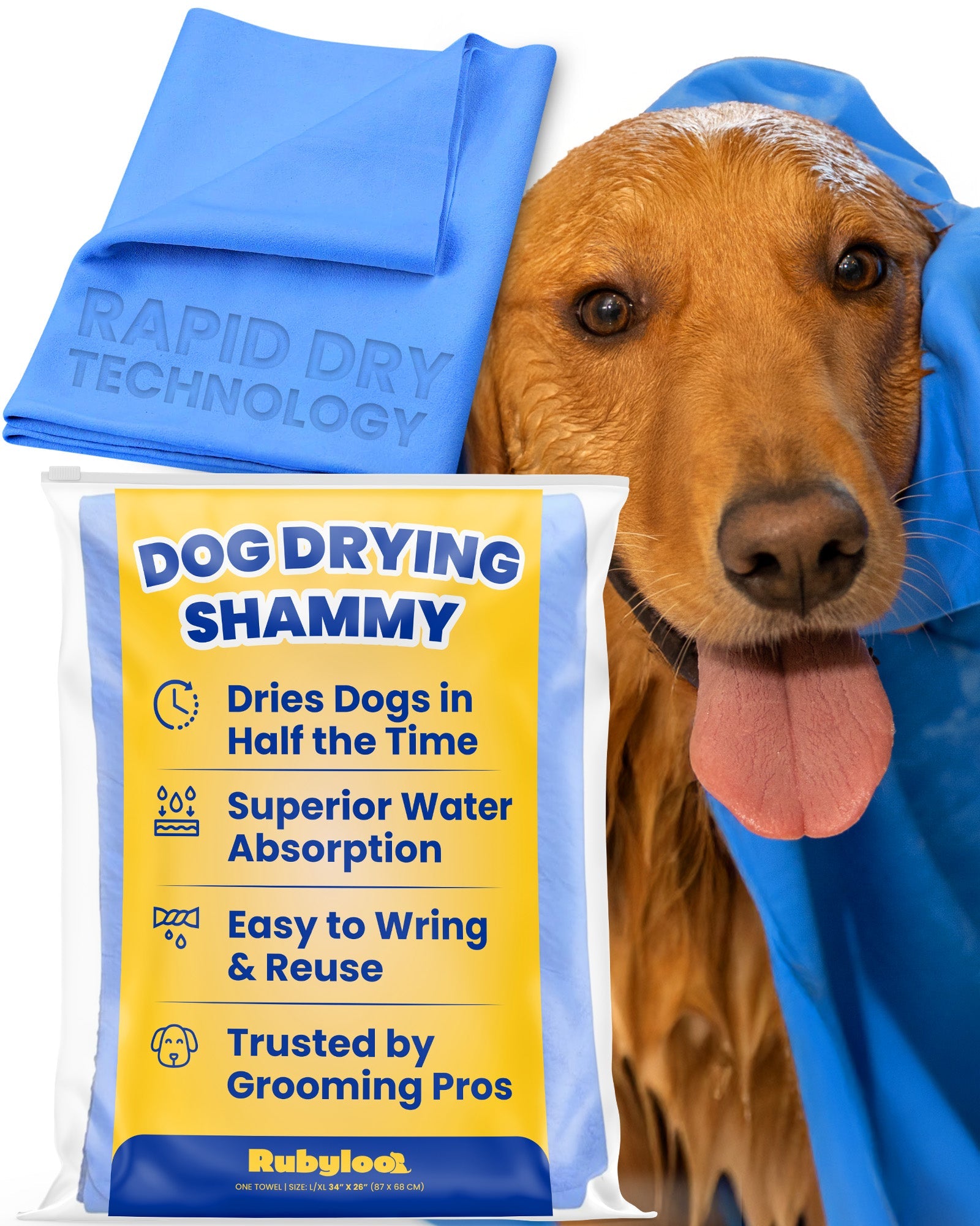 Dog Drying Shammy Towel — Rapid Dry Technology, Groomer-Approved, 34" x 26"