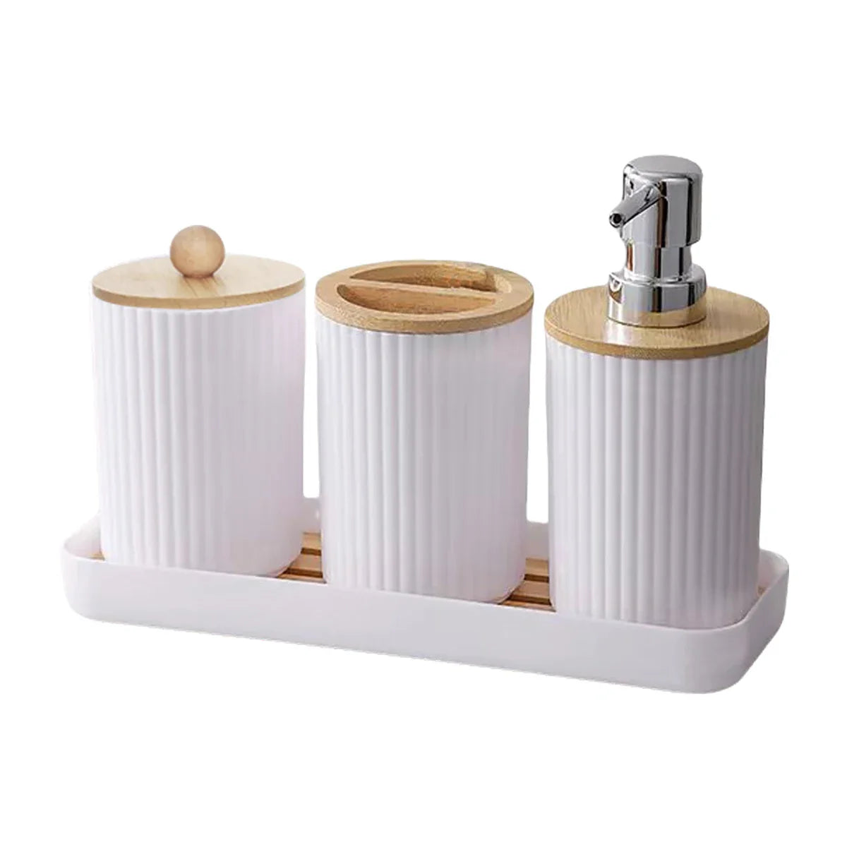 Bathroom Vanity Accessories Set — Soap Dispenser, Toothbrush & Cotton Swab Holder with Tray
