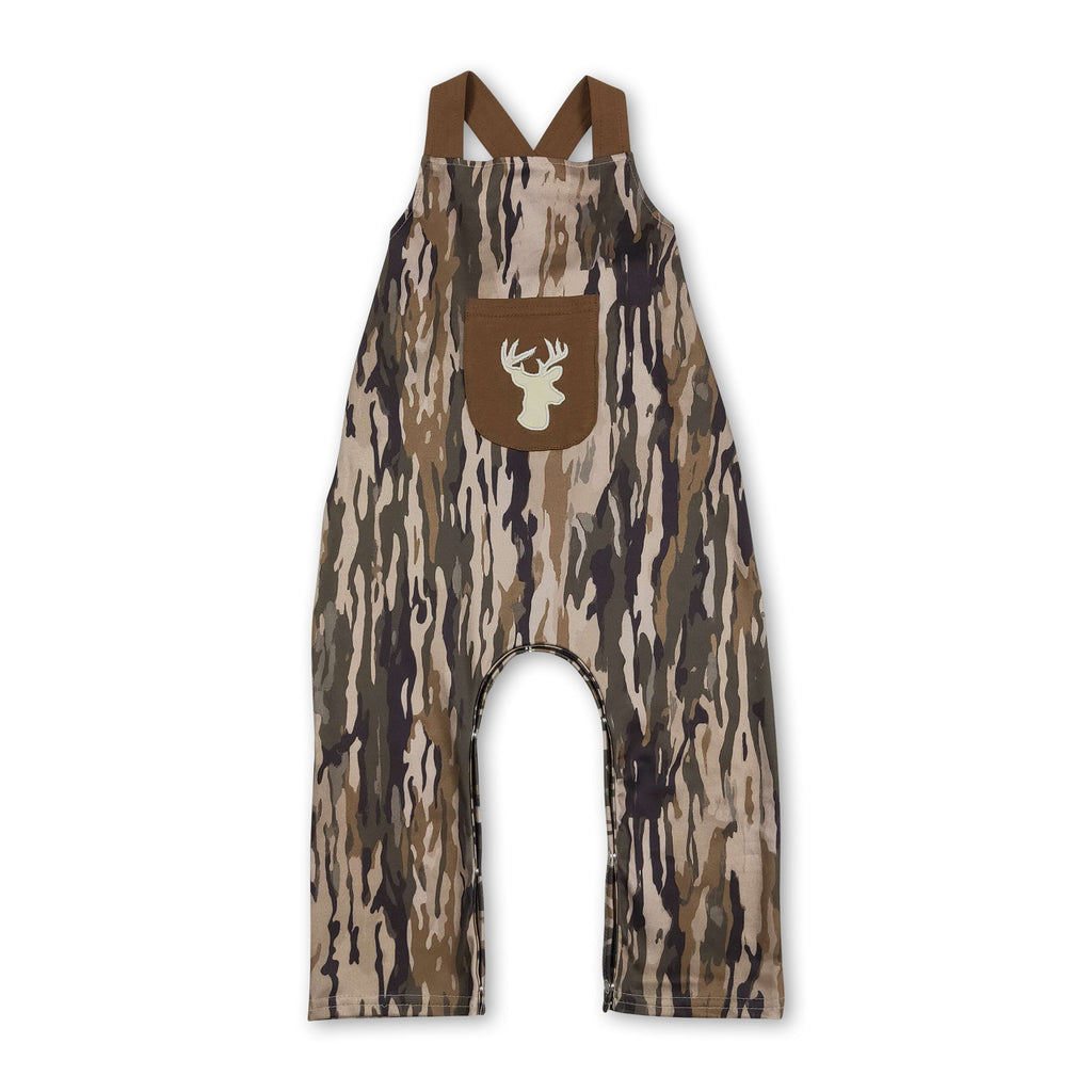 Mini Rodeo Baby Boy Camo Deer Embroidery Jumpsuit with Brown Straps