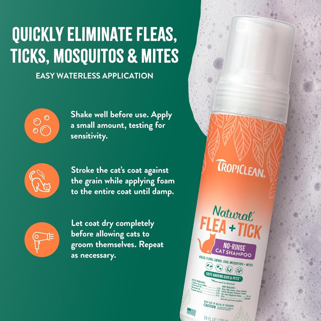 TropiClean Cat Flea Tick Waterless Shampoo Natural Treatment 7.4oz USA