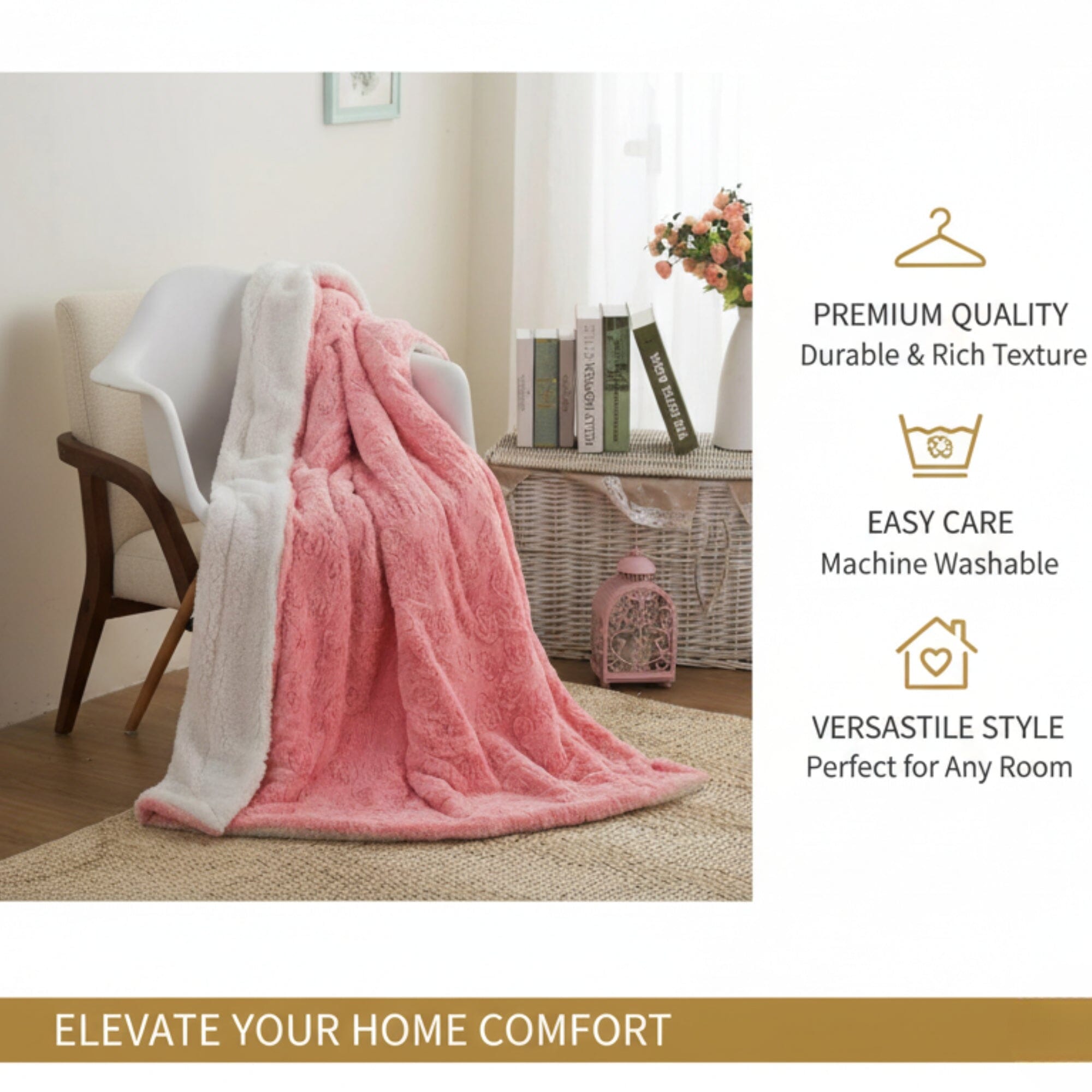 DaDa Bedding Rose Buds Blushing Pink Faux Fur Sherpa Throw Blanket
