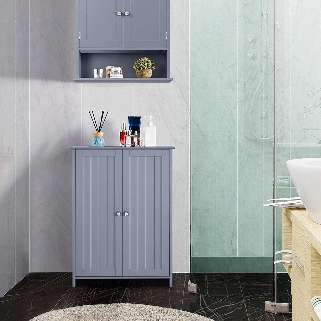 2-Door Freestanding Bathroom Floor Cabinet — Gray Wood Storage Cupboard