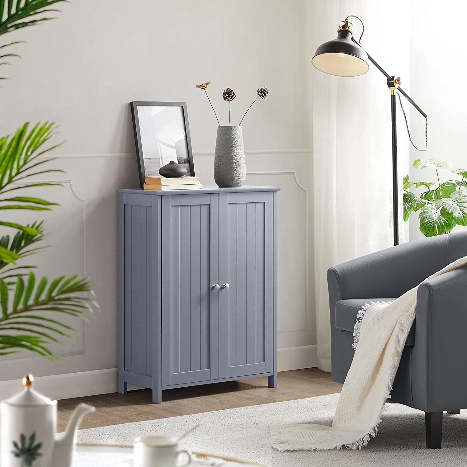 2-Door Freestanding Bathroom Floor Cabinet — Gray Wood Storage Cupboard