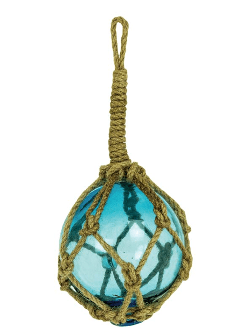Aqua Blue Rope Buoy Float – Glass & Jute Coastal Décor/ Ornament (3")
