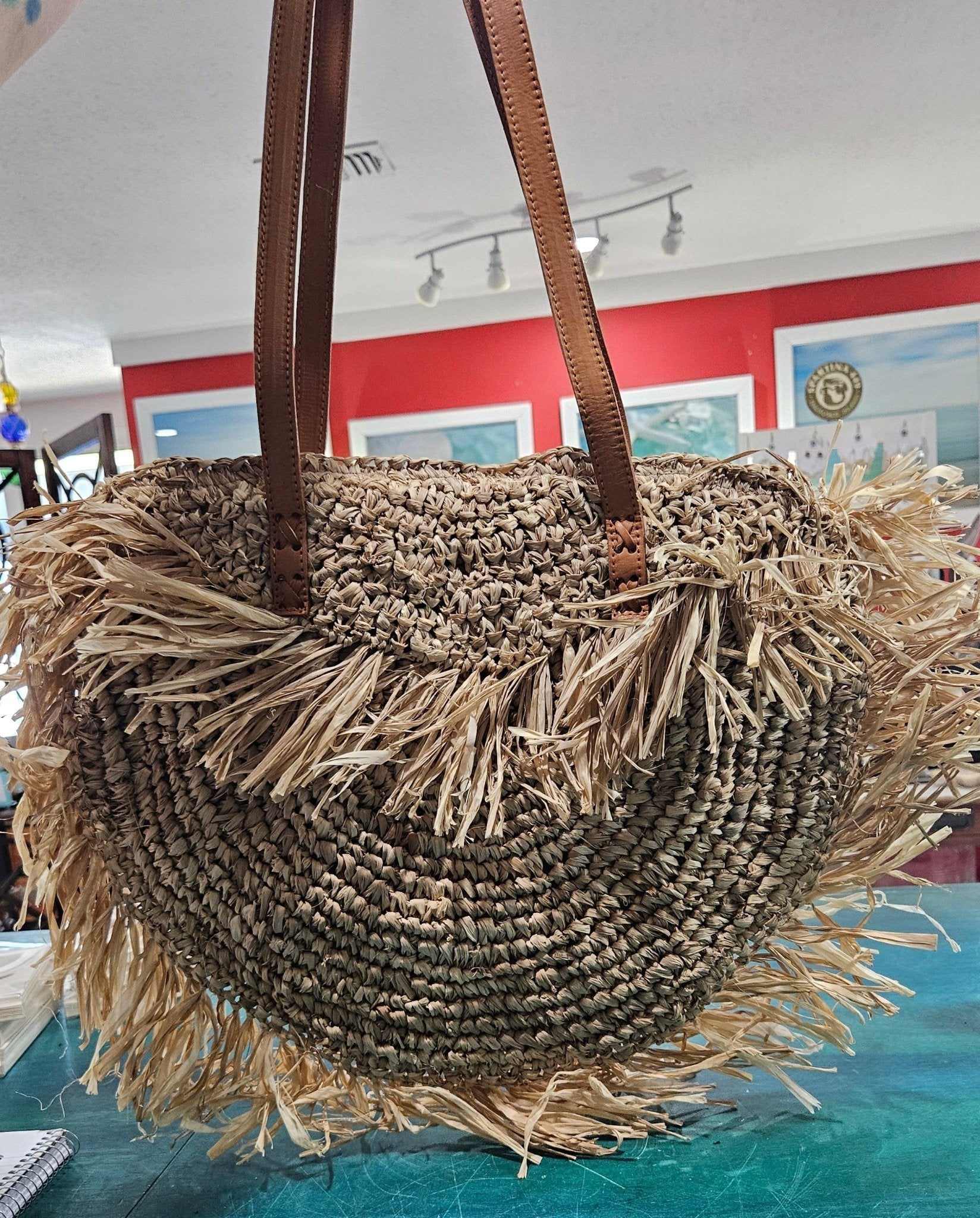 Boho Straw Fringe Tote Bag – Woven Beach Purse with Leather Straps
