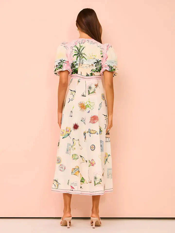 Boho Summer Maxi Dress – Vintage Print Puff Sleeve Resort Style