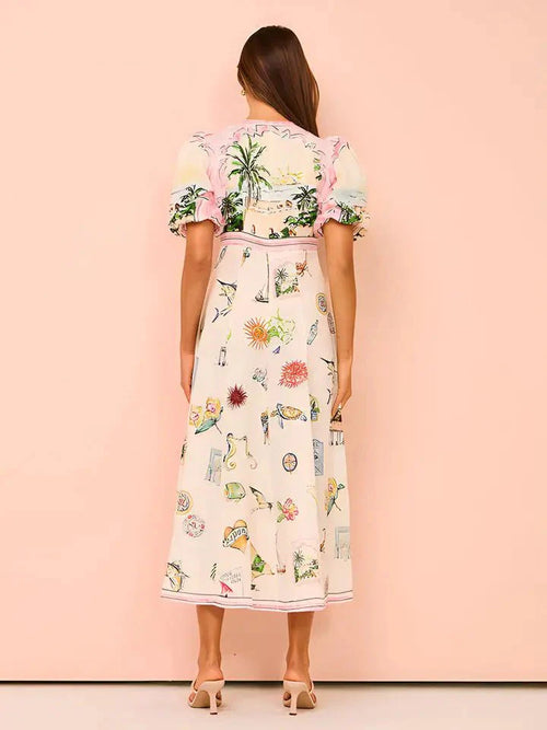 Boho Summer Maxi Dress – Vintage Print Puff Sleeve Resort Style