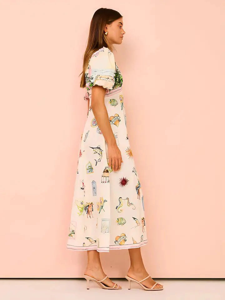 Boho Summer Maxi Dress – Vintage Print Puff Sleeve Resort Style