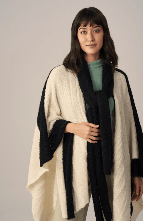 Boucle Alpaca Cape with Attached Double Scarf – Fair Trade | Knitted in Peru | Pearl or Gray