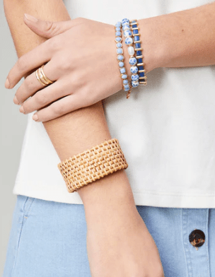 Blue Floral Ceramic Bead Stretch Bracelet | Freshwater Pearl & Gold Accent