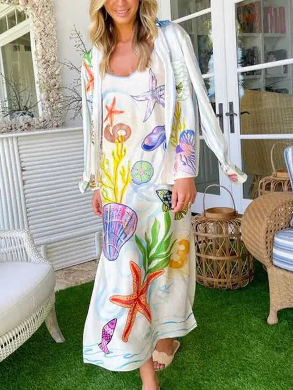 Eurochic Satin Beach Dress with Sea Life Print – Coastal Vacation Vibes