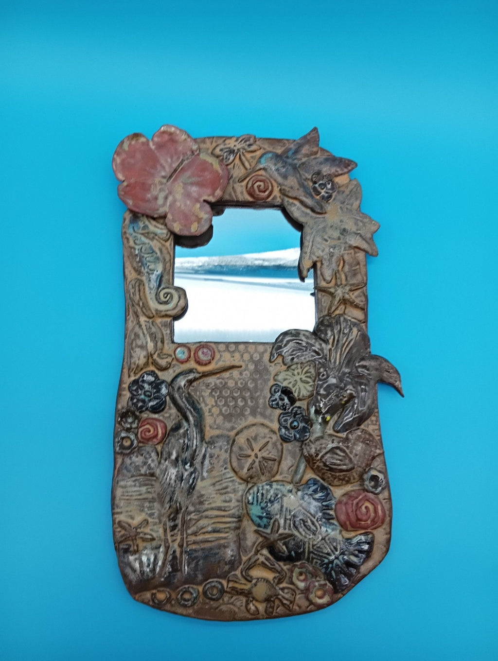 Handmade Ceramic Coastal Mirror with Hibiscus & Heron – 13.5" x 8"