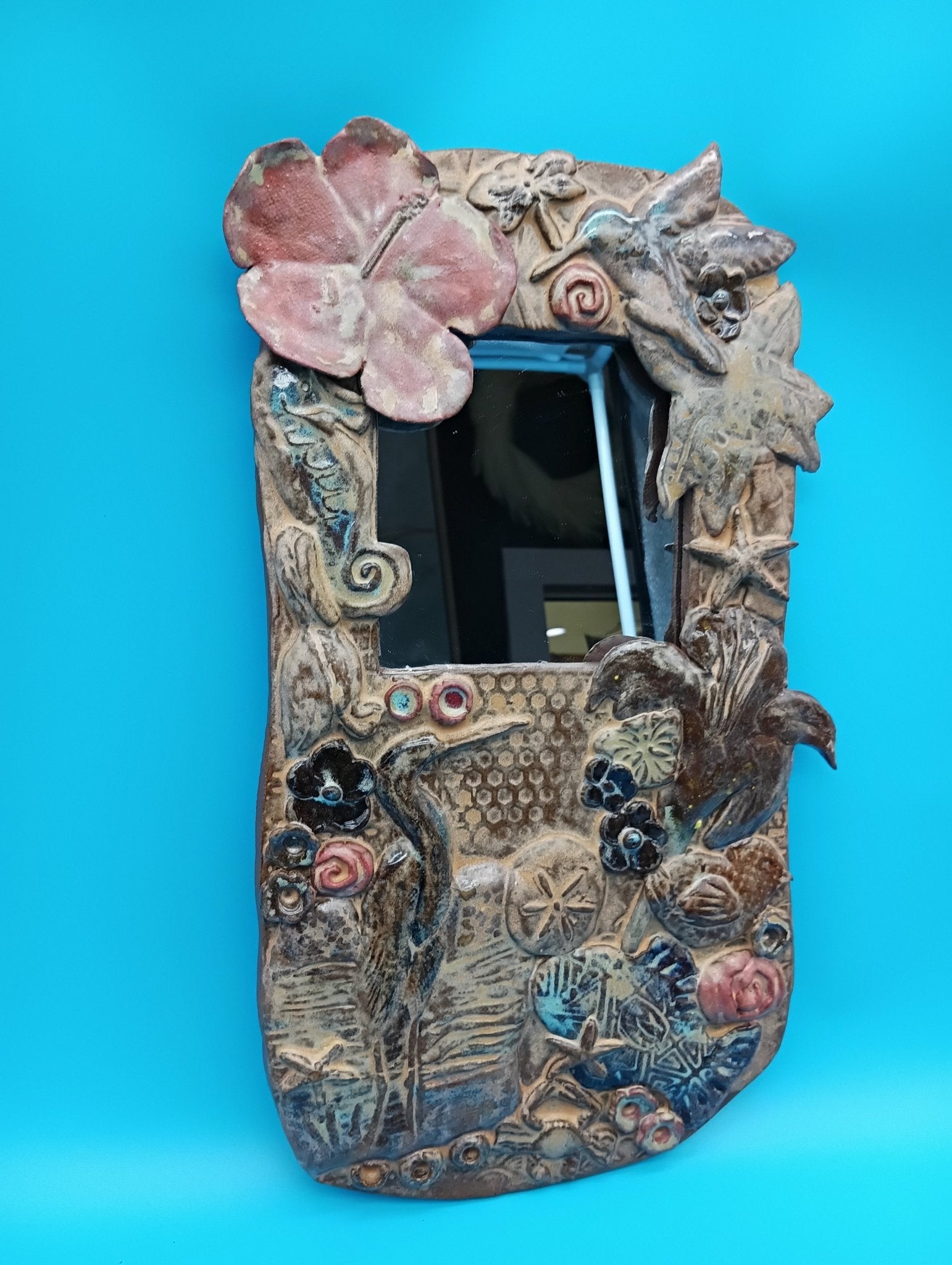 Handmade Ceramic Coastal Mirror with Hibiscus & Heron – 13.5" x 8"