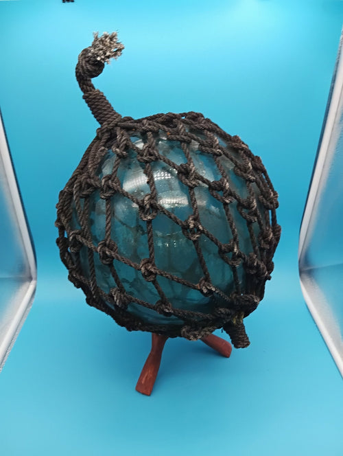 Authentic Japanese Glass Fishing Float with Net – 10.5" Aqua Blue-Green