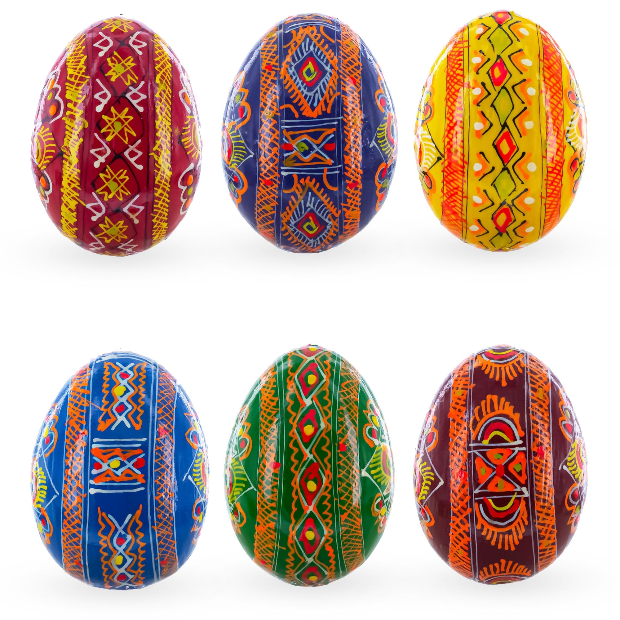 Hand-Painted Ukrainian Easter Eggs – Set of 6 Folk Art Wooden Pysanky, 2.5"