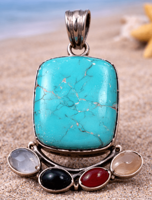 Sterling Silver Turquoise, Chalcedony, Onyx & Carnelian Pendant – Coastal Statement Jewelry