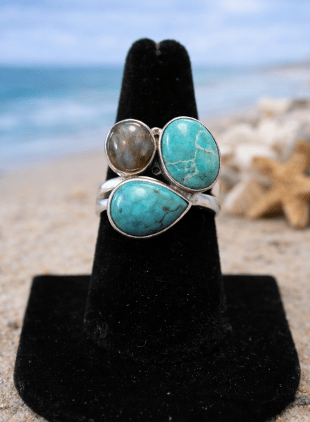 Sterling Silver Turquoise & Labradorite Ring – Coastal Statement Jewelry Size 6.5