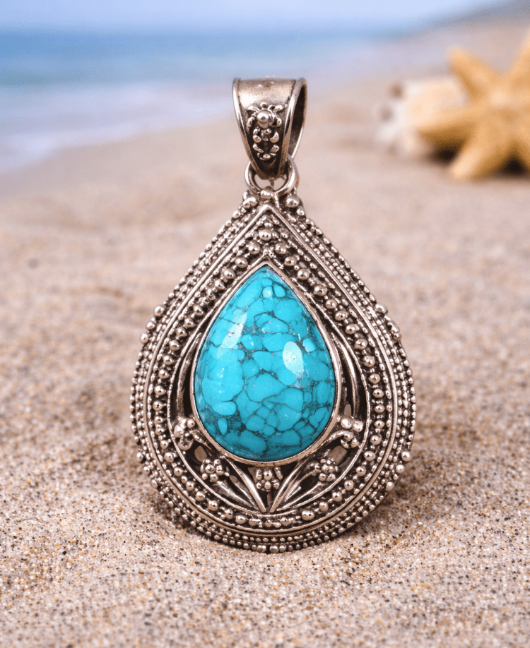Sterling Silver Turquoise Teardrop Pendant – Coastal Statement Jewelry