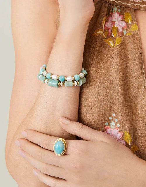 Amazonite Stone Stretch Bracelet – 10mm | 18kt Matte Gold Beads | Coastal Statement Jewelry