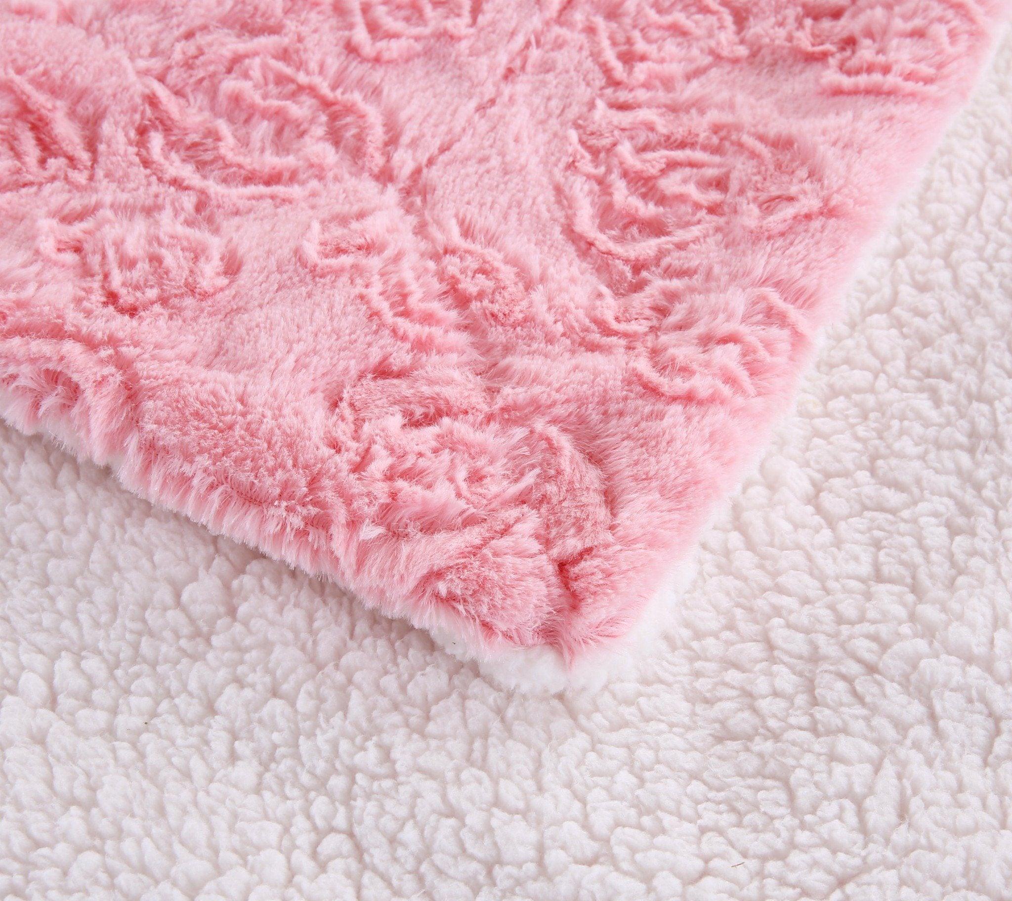 DaDa Bedding Rose Buds Blushing Pink Faux Fur Sherpa Throw Blanket