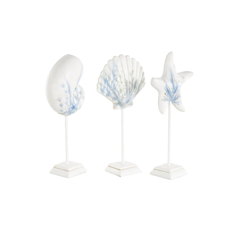 White Polystone Sea Life Shell and Starfish Decorative Sculpture with Blue Coral Patterns