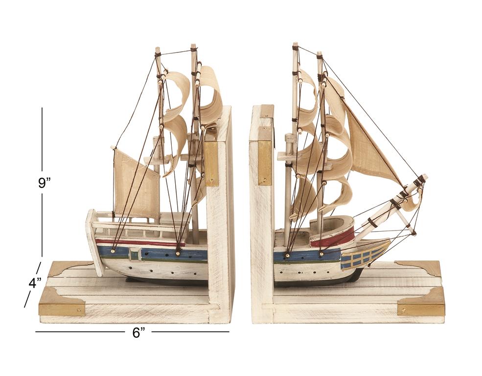 White Wood Sail Boat Decorative Bookends